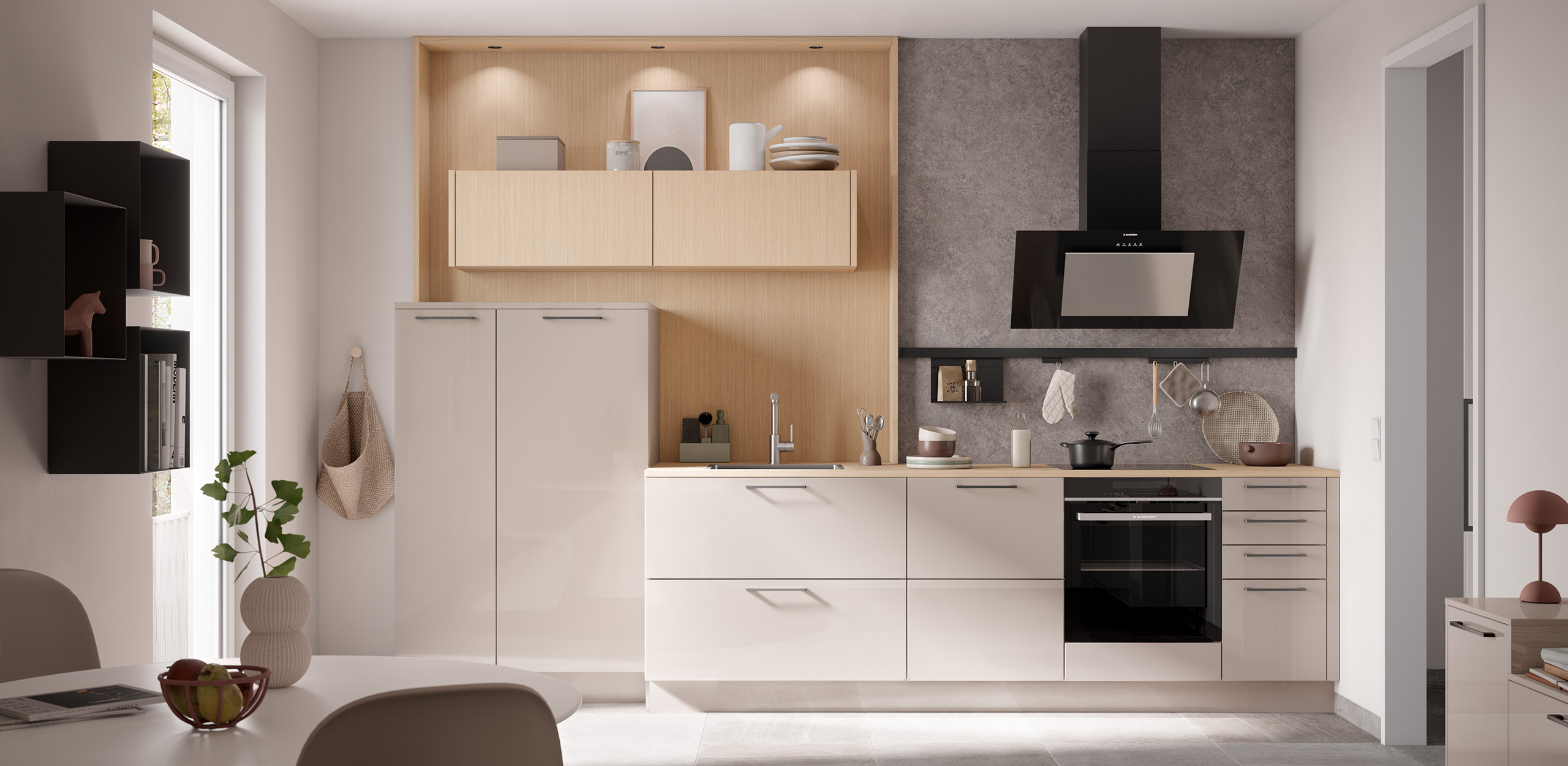 Picture of the concept130 TOP BRILLANT cashmere MONTREAL fine oak-nature with kitchen unit, midi unit, wall units, shelves and table with seating area