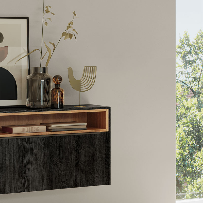 Detailed view of the sideboard of the concept130 TORONTO-GL black oak with integrated open shelf unit