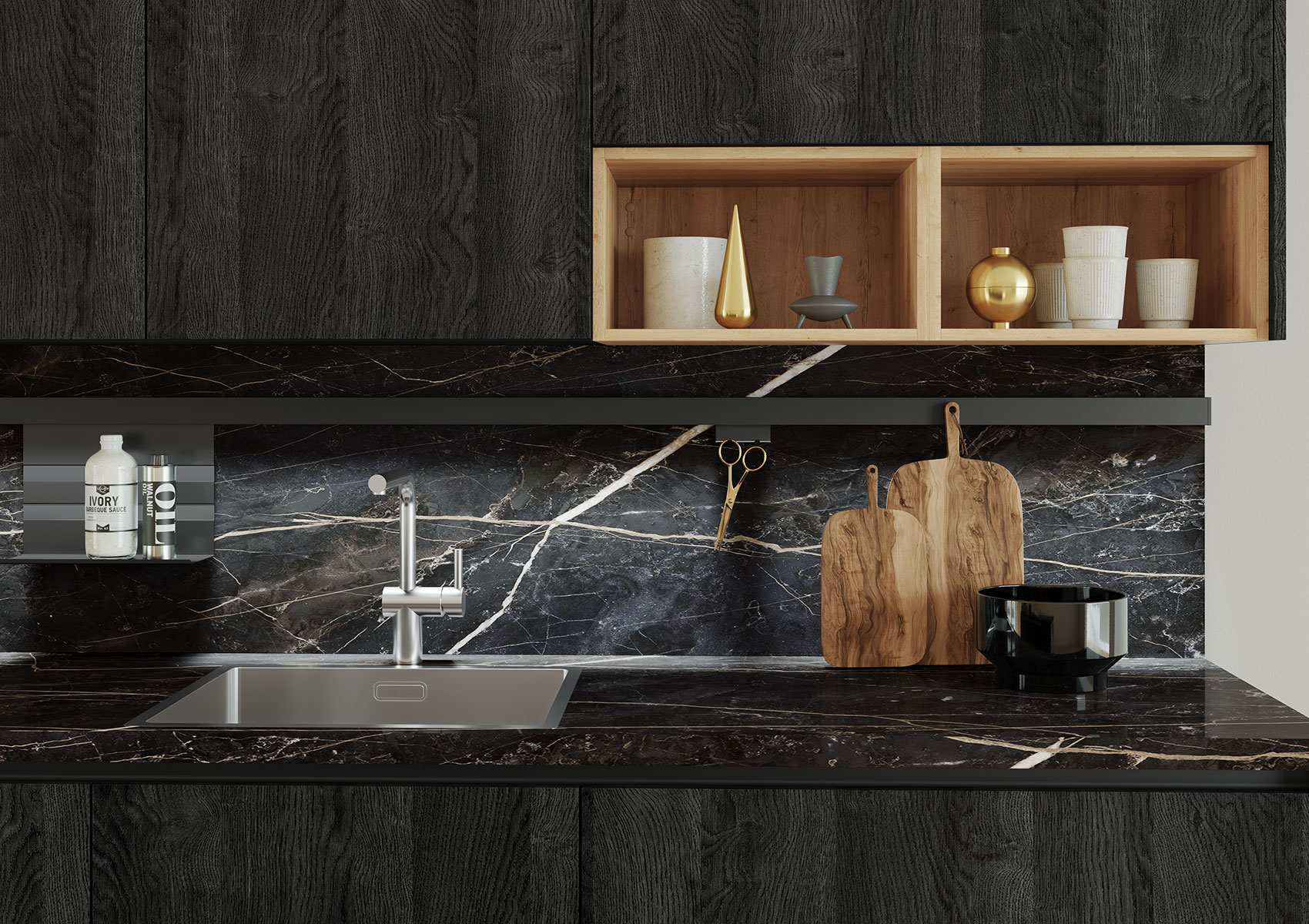 Bild der Küchenzeile der TORONTO-GL eiche-schwarz mit Waschbecken und Linero MosaiQ-Reiling
