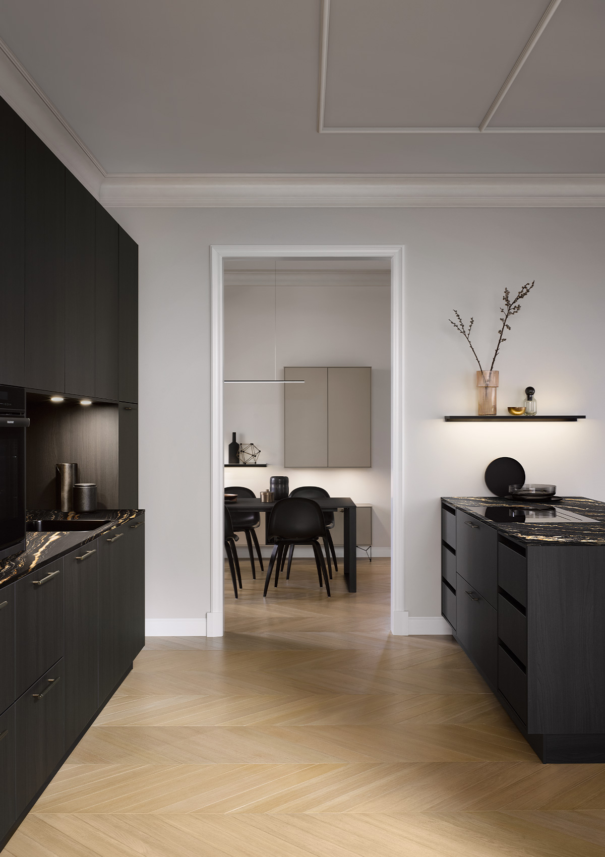 Bild einer schwarzen Küche AV 2040 Feineiche-schwarz mit Kücheninsel 