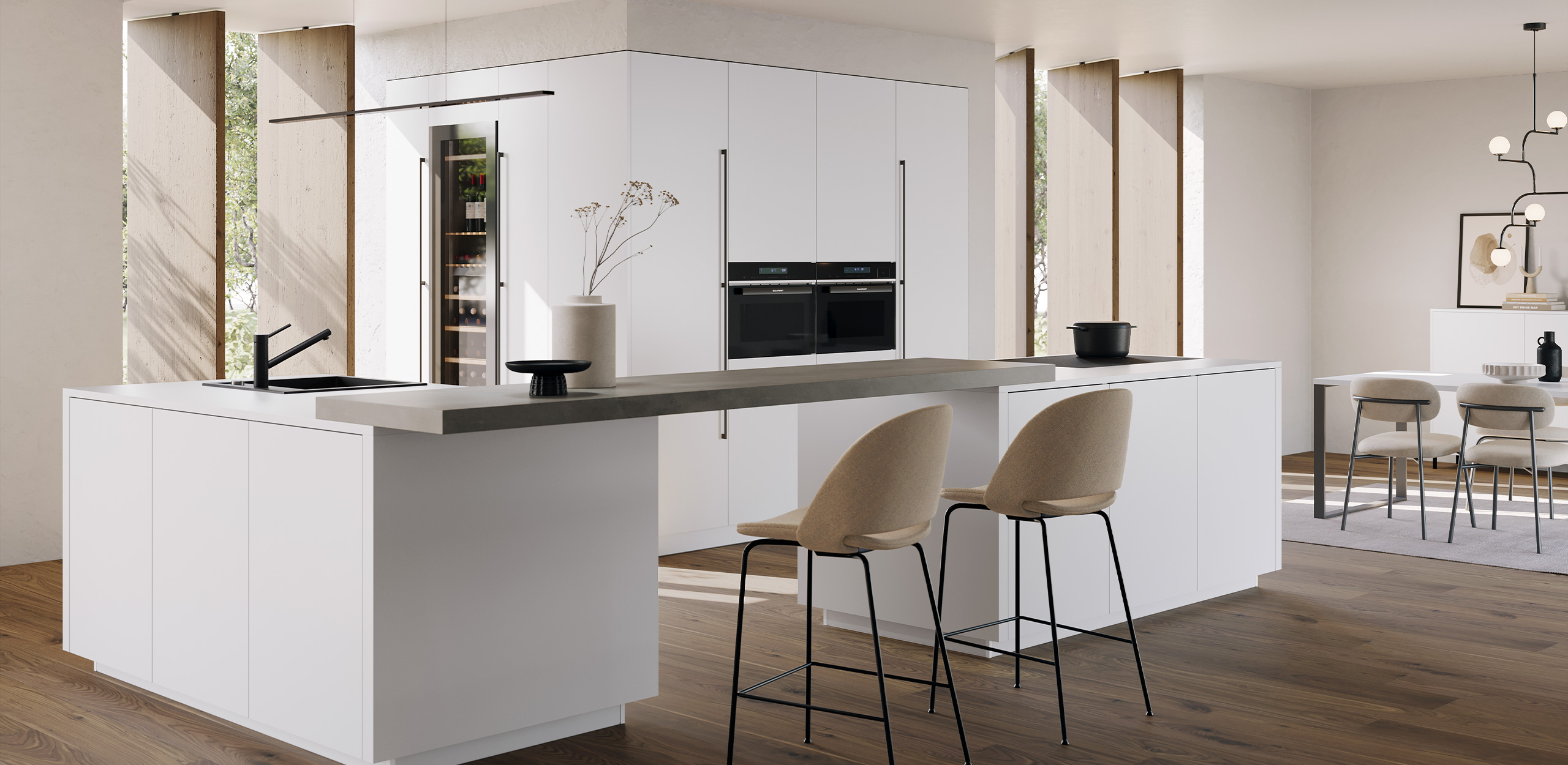 Image of AV 2135 Crystal White with island and integrated dining area, two high chairs with black metal legs 