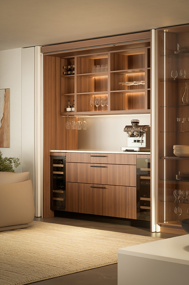 Bar area behind open pocket doors with wine refrigerators and glass holders, Häcker Systemat