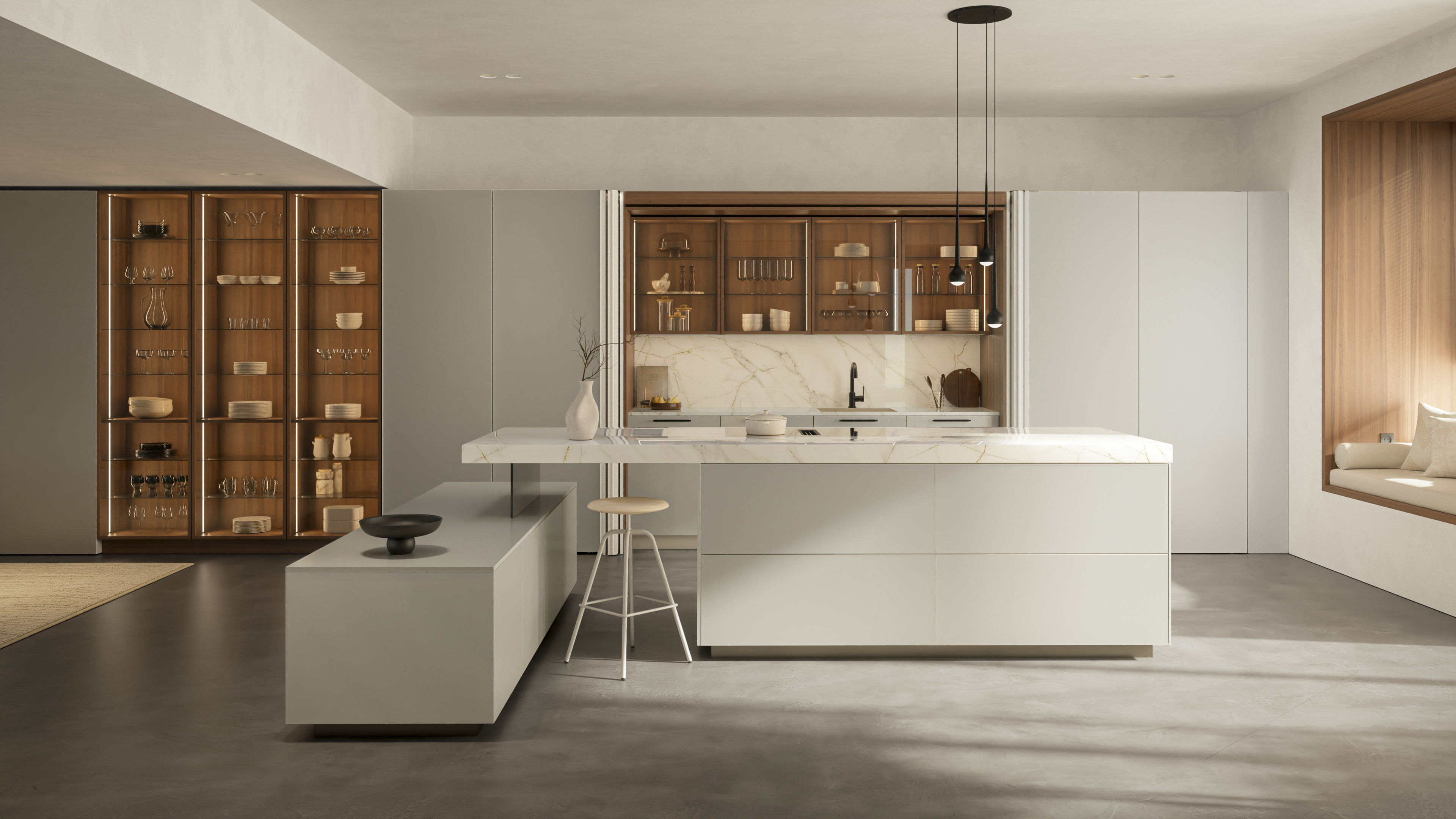 Overall view of a “Systema” set in AV 5015 Sand Beige and AV 1091 Natural Walnut by Häcker