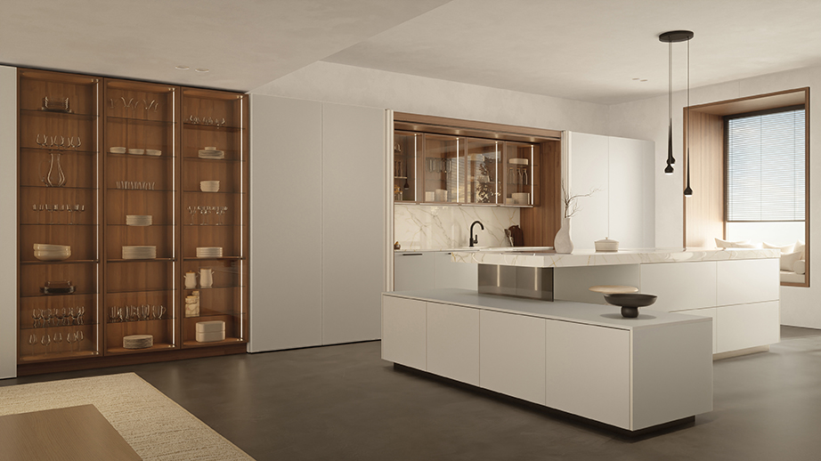 Beige kitchen by Häcker with glass display cabinets in natural walnut