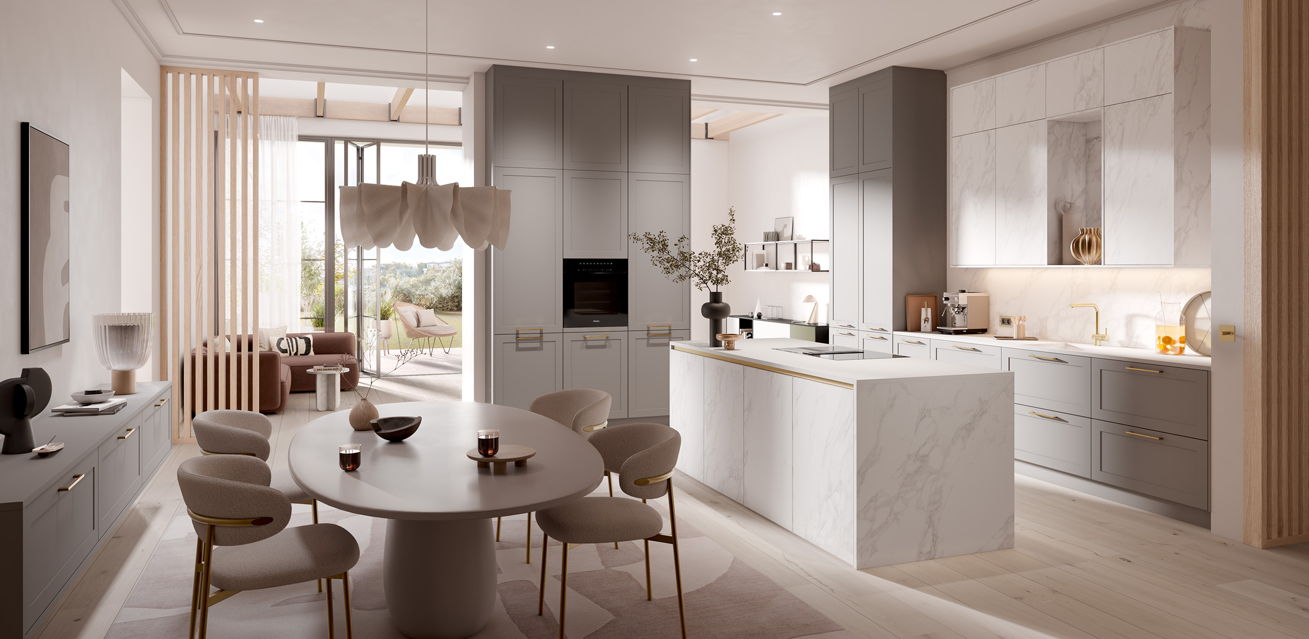 Picture of a kitchen in greige with living area