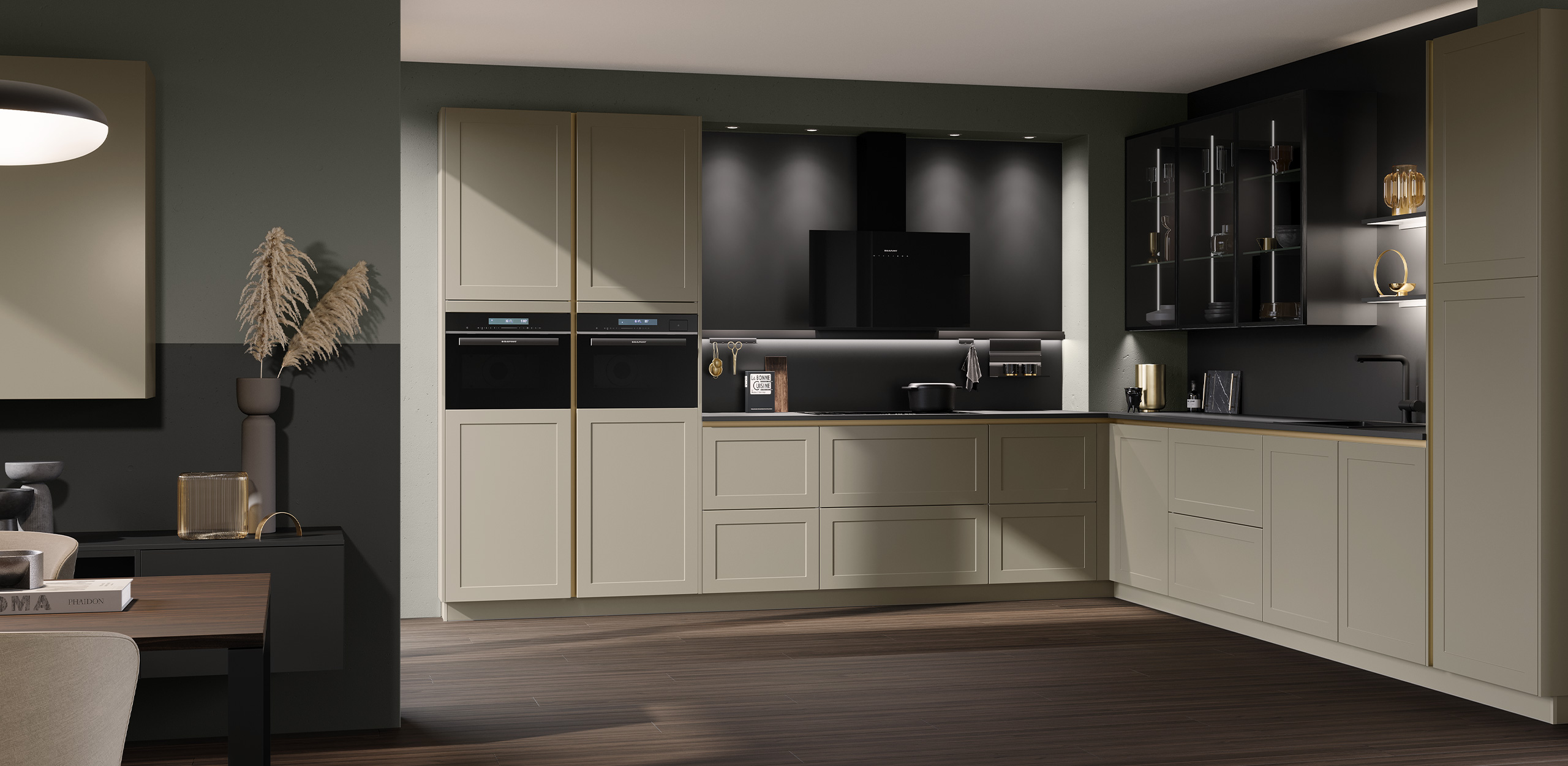 General view of the kitchen ensemble with fronts in natural umber, glass highlights and lighting effects
