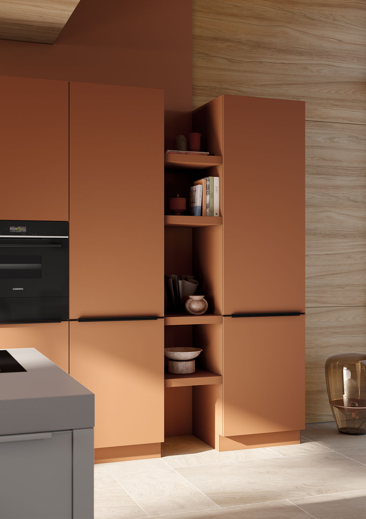 AV 6000 NCS Terracotta AV 2135 crystal white cabinets with integrated open shelf in the same colour Terracotta