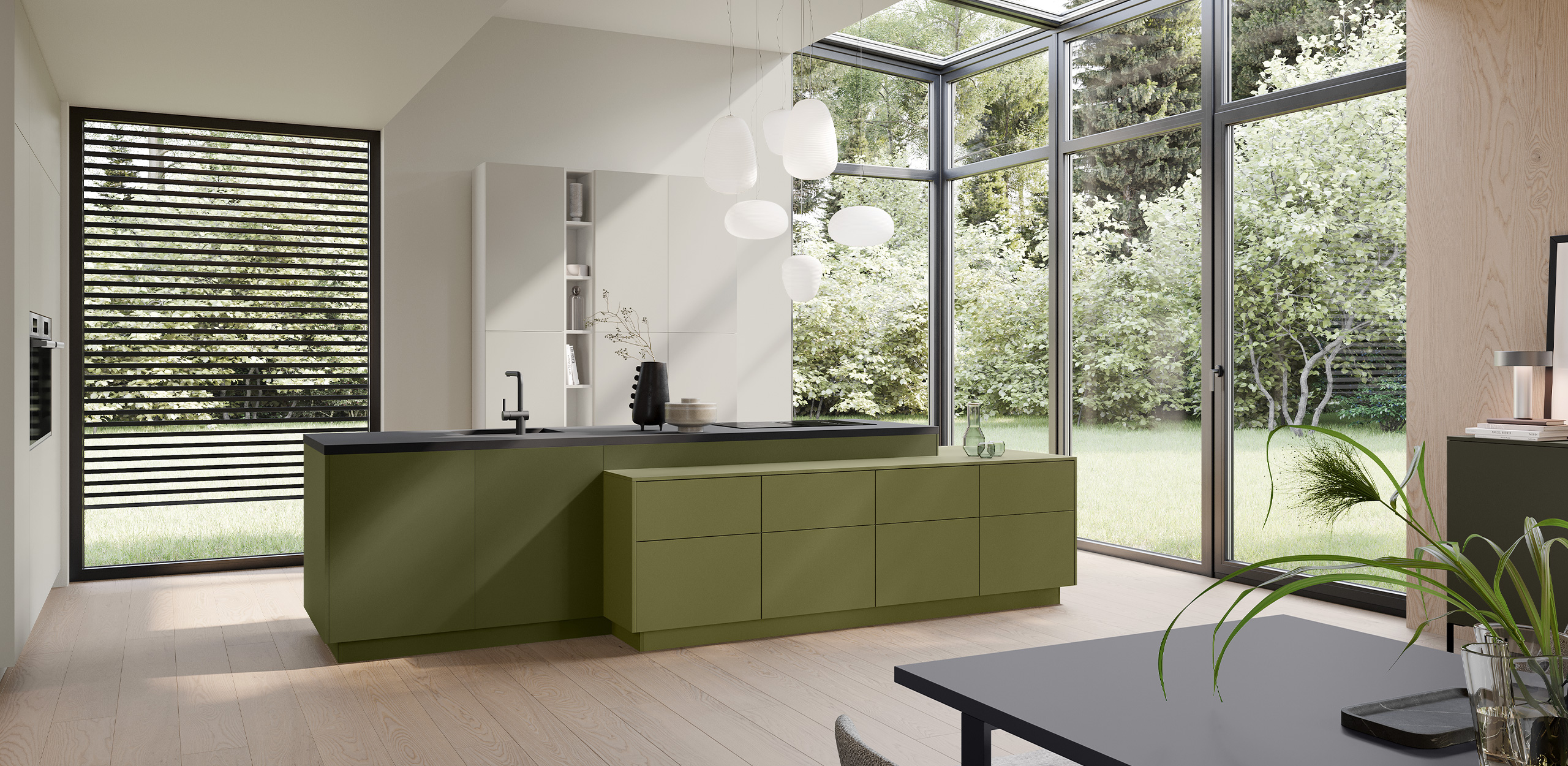 Frontalansicht olivgrüner asymmetrischer Küchenblock über Eck, im Hintergrund seidengraue Hochschränke