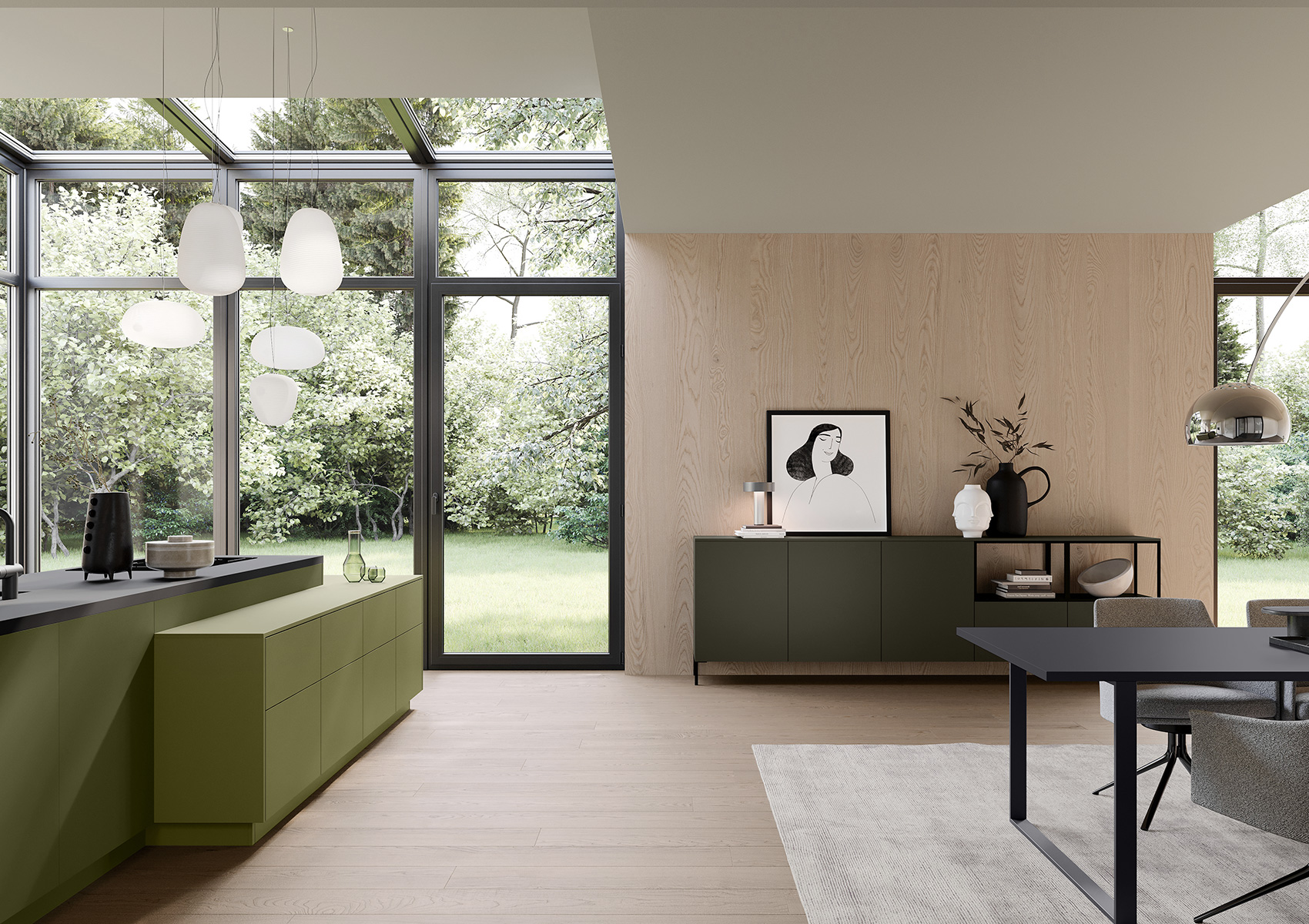 El aparador en oliva gris y su estantería abierta con marco de metal forman una conexión visual con el bloque en verde oliva de la cocina