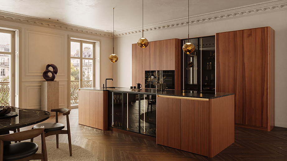 Walnut kitchen with grooved fronts on the cooking island and illuminated glass display cabinets, Häcker Systemat
