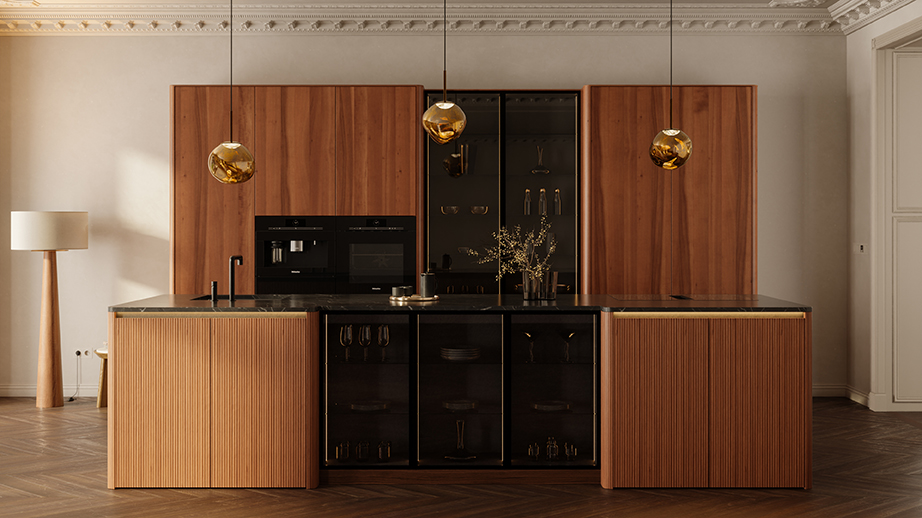 Walnut kitchen made of real wood veneer with grooved fronts and illuminated trim, Häcker Systemat and illuminated glass display cabinets, Häcker Systemat