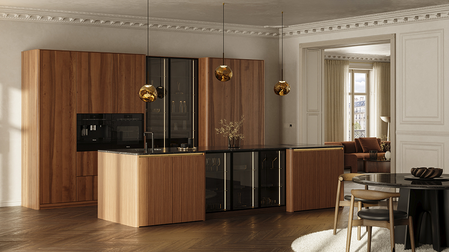 Walnut kitchen with an open transition to the living area, Häcker Systemat