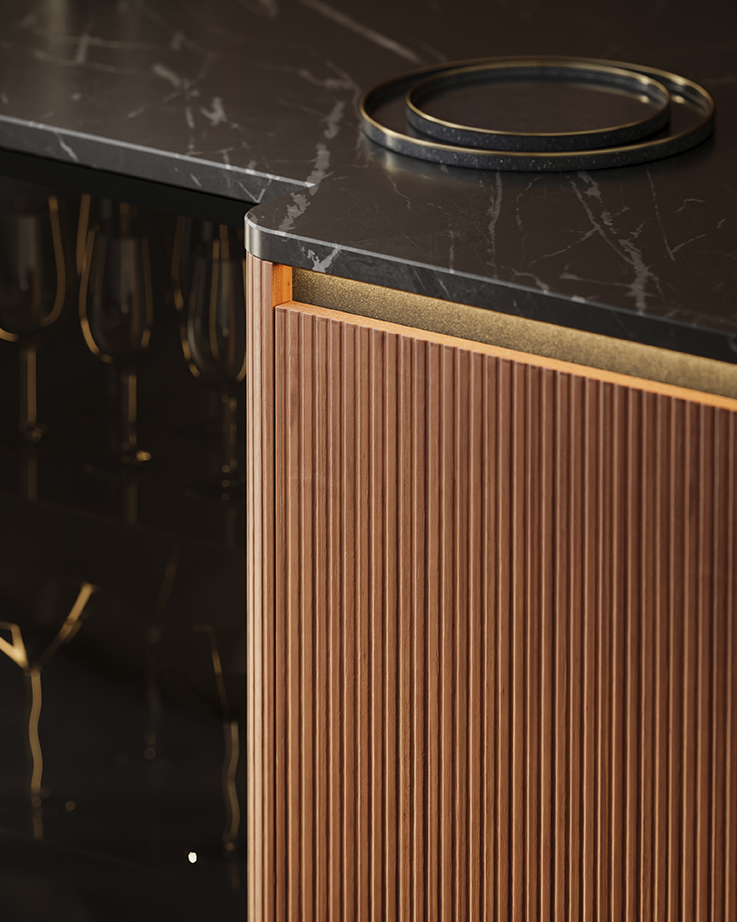 Rounded side panel with grooved front and illuminated trim strip, Häcker System