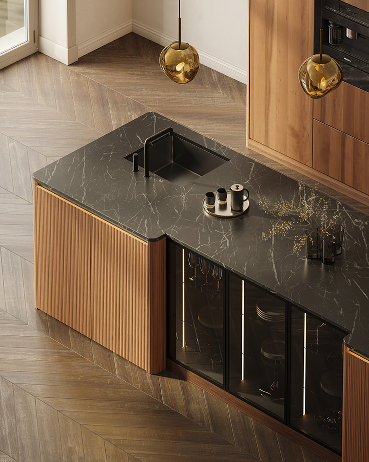 Walnut kitchen island with a Negresco satin-finished countertop, Häcker Systemat