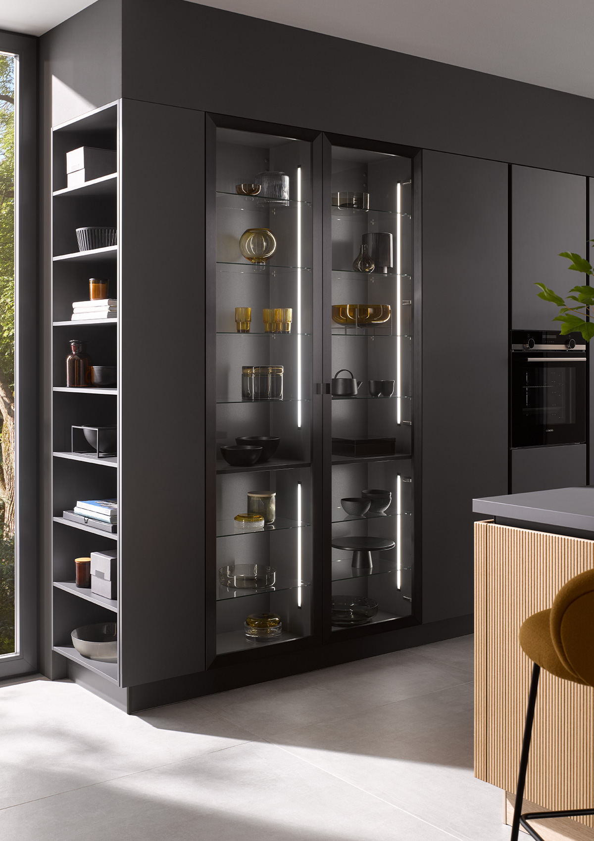 AV 6000 GL Graphite Tall units with corner cabinet and glass cabinets with LEDs