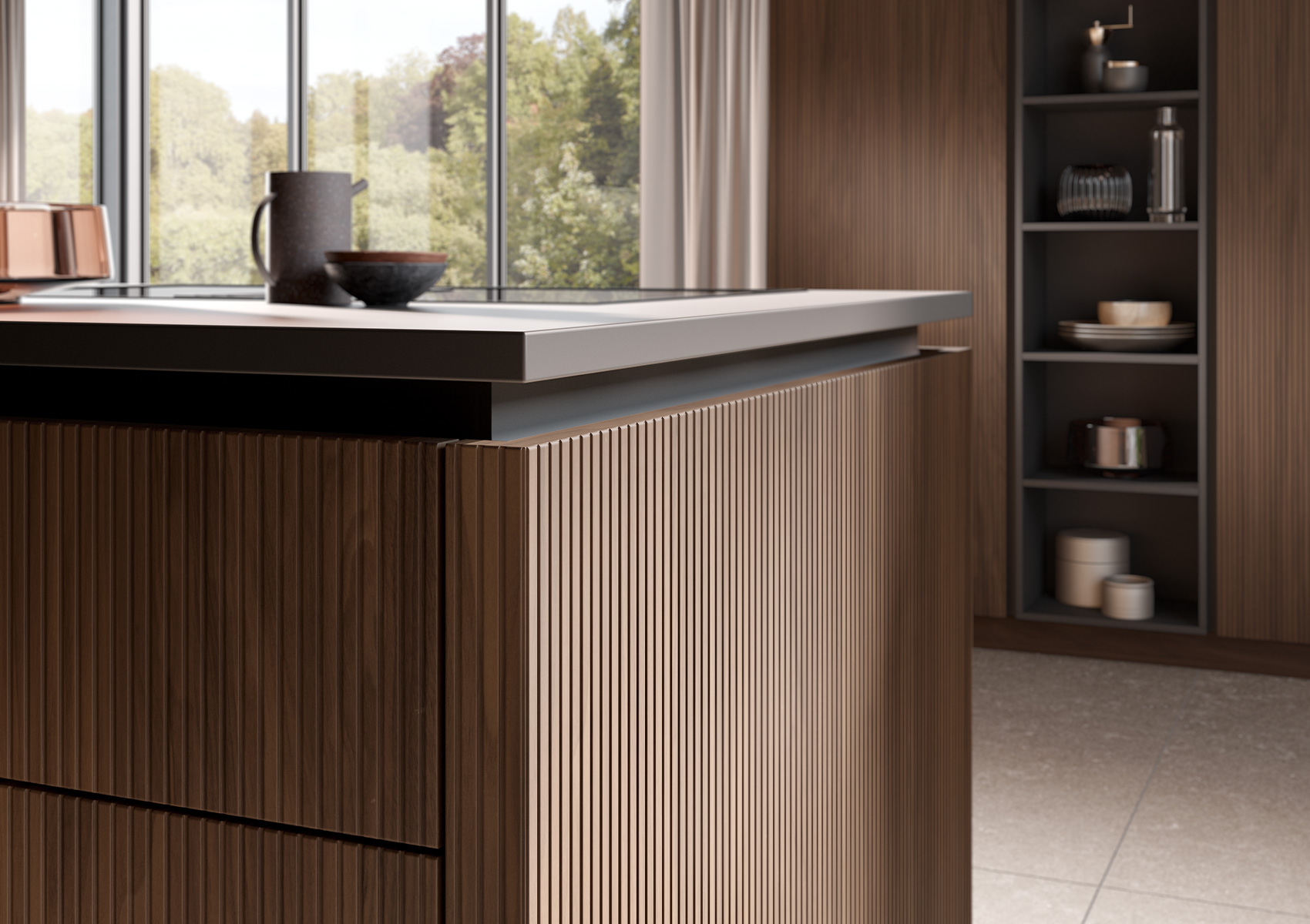 Detail picture of the special grooved fronts of elegant walnut.