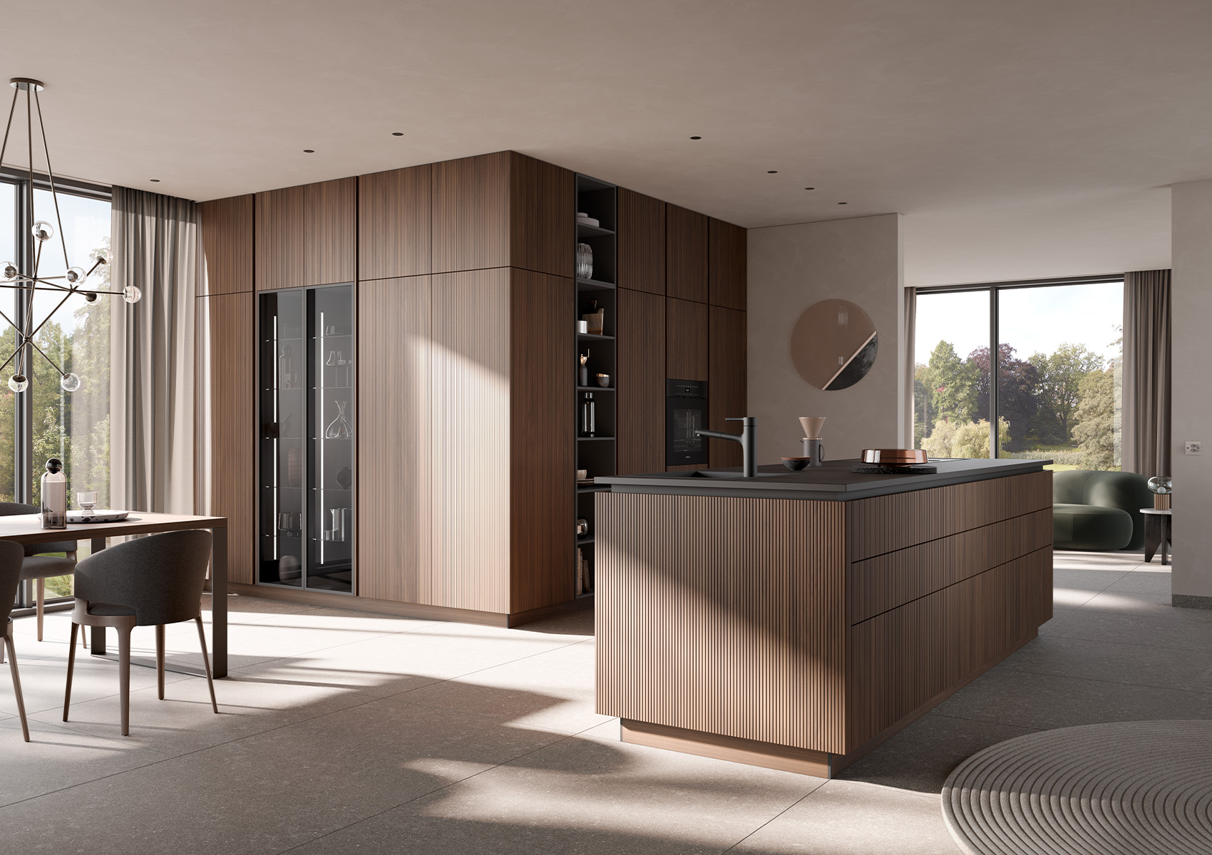 Over-corner view of the kitchen composition with elegant walnut fronts with focus on the glass tall cabinet element