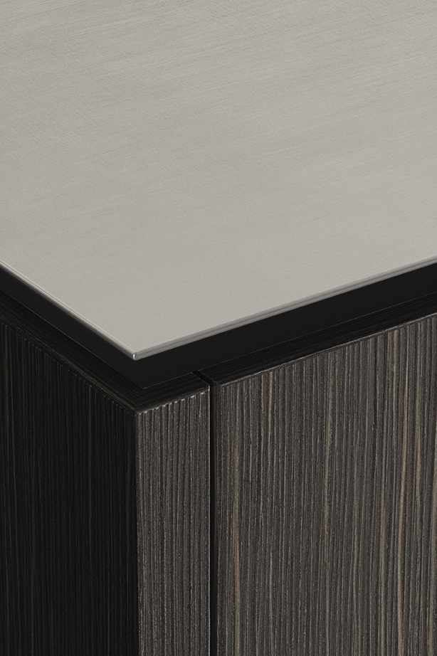 delstahl-Arbeitsplatte über der geprägten Blackwood-Front, Häcker systemat