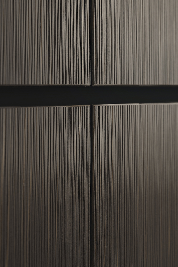 ahaufnahme der geprägten Blackwood-Front mit Kehlleiste in gebürstetem Graphit, Häcker systemat