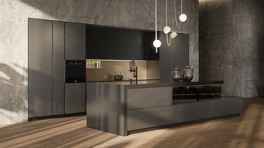 Kochinsel aus Steinfurnier vor einer Zeile in Carbon metallic, Häcker systemat
