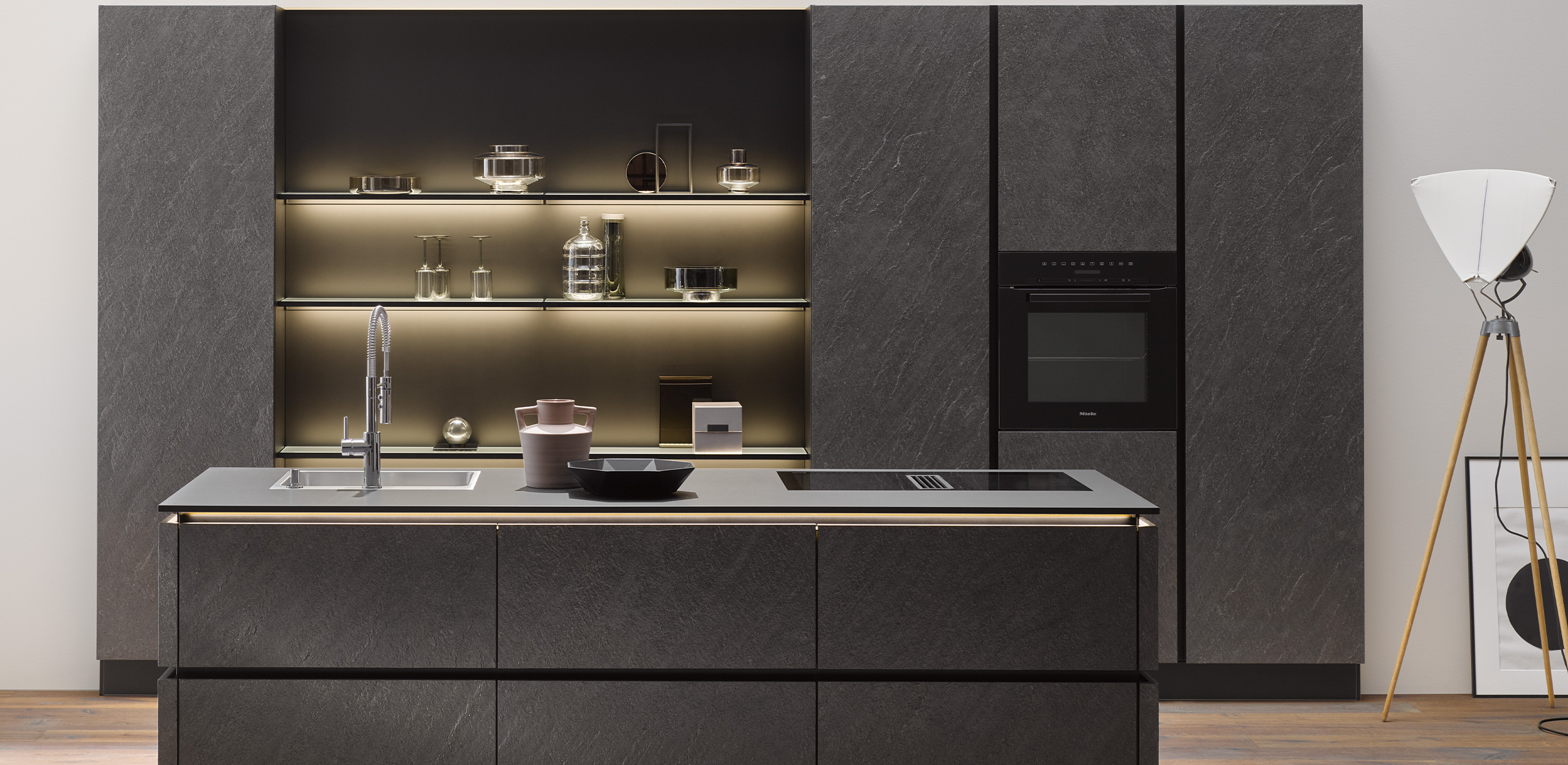 Image of the AV 7030-GL Black Star AV 2042 Dark Walnut kitchen with island and tall cabinet wall