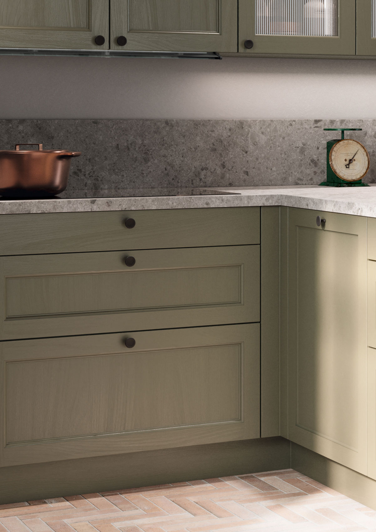 Frente de marco con casetones perfilados de una cocina rústica Häcker BRISTOL en verde esmeralda