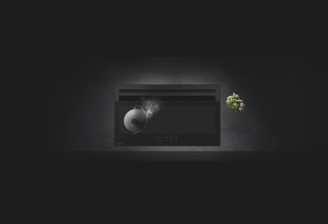 Placa de cocina Blaupunkt con campana extractora integrada (ventilación por encimera) en una cocina Häcker