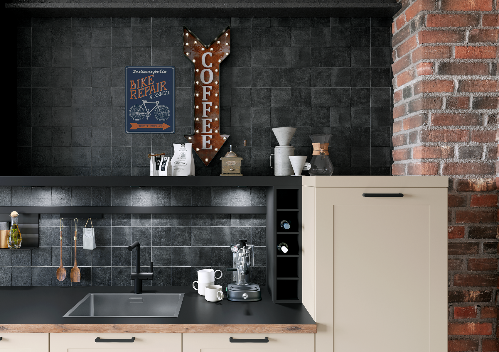 Estantería para vinos integrada en una cocina rústica Häcker concept130 ROMA en color Crema-magnolia