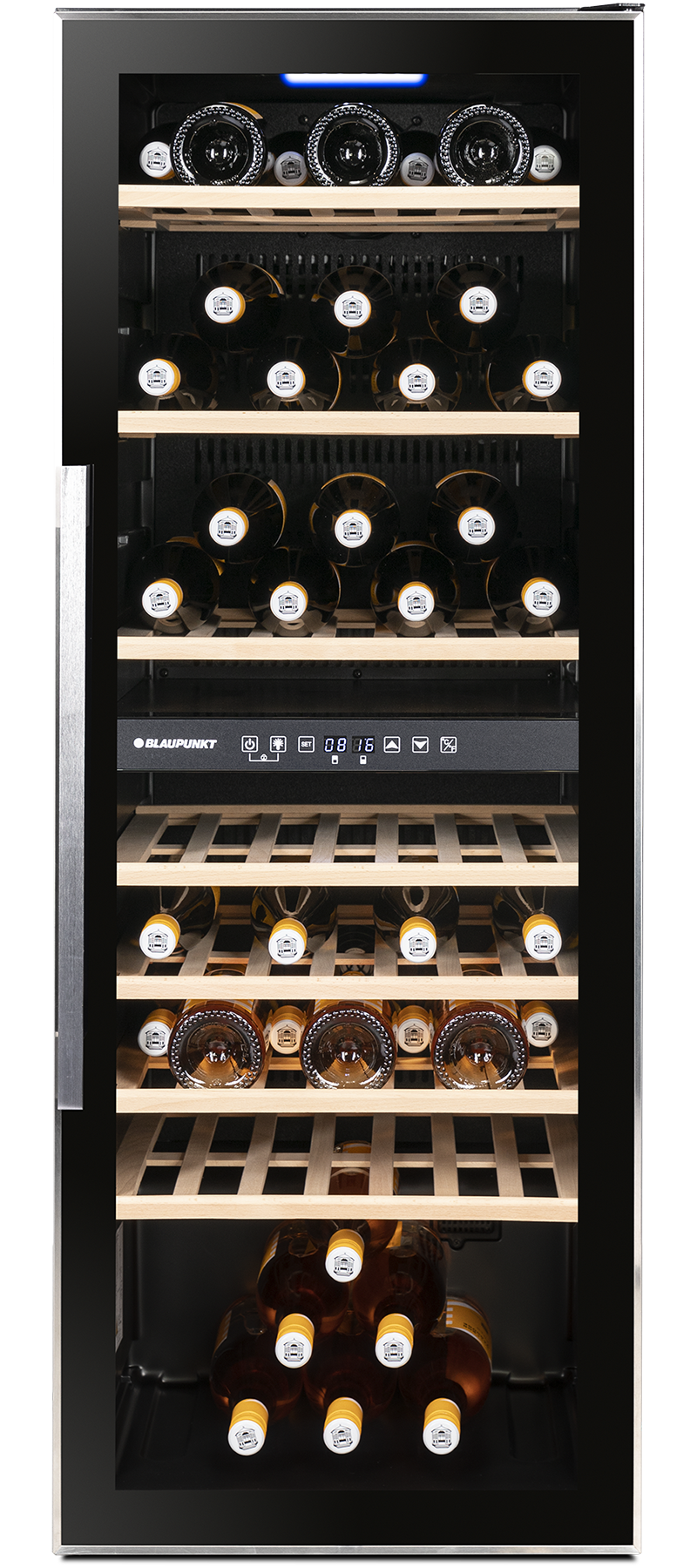 Gran nevera para vinos Blaupunkt de dos zonas, llena de botellas de vino tinto y blanco